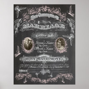 Poster Chalkboard Papillon certificat de mariage Vintage