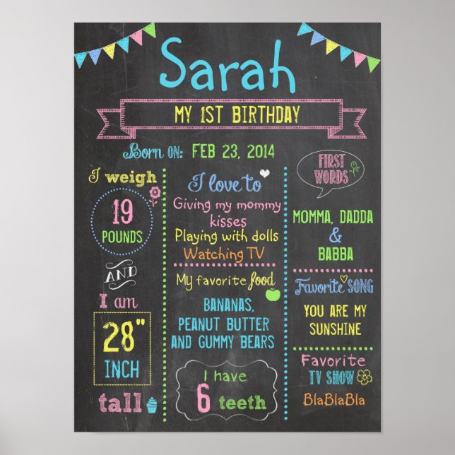 Poster Chalkboard Party personnalisé 1er anniversaire pos (Devant)