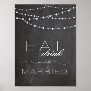 Poster Chalkboard string lights EAT drink signe mariage