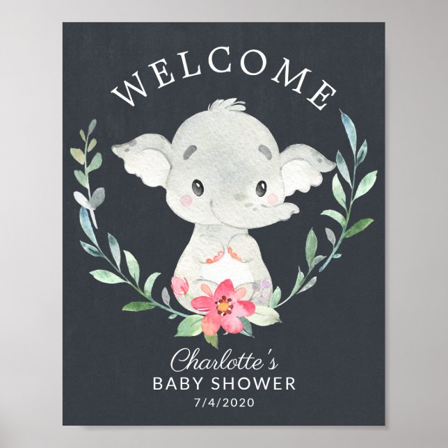 Poster Chalkboard Sweet Elephant Baby shower de bienvenue (Devant)