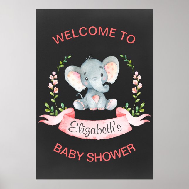 Poster Chalkboard Watercolor Elephant Girl Baby shower (Devant)