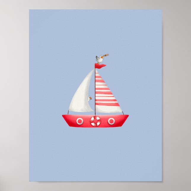 Poster Chambre Bébé Voile Rouge Nautique Avec Mouettes  (Devant)