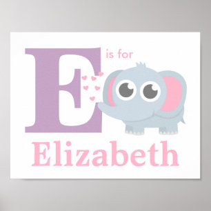 Poster Chambre de bébé éléphant Lettre E avec amour Fille