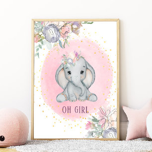Poster Chambre de bébé fille fleurs rose aquarelle élépha