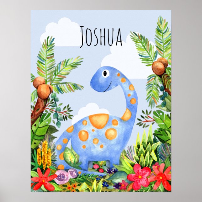 Poster Chambre de bébé garçon dinosaure aquarelle jungle  (Devant)