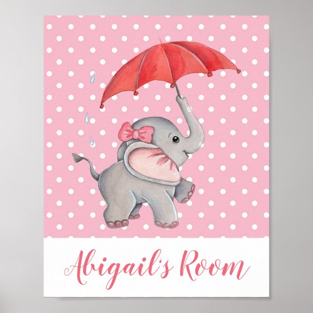 Poster Chambre de fille éléphant rose points enfants (Devant)