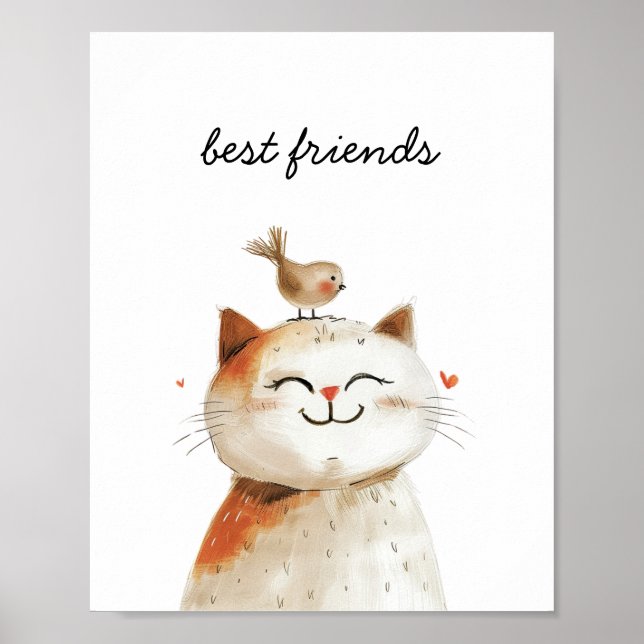 Poster Chambre d'enfant aquarelle amis oiseaux chat migno (Devant)