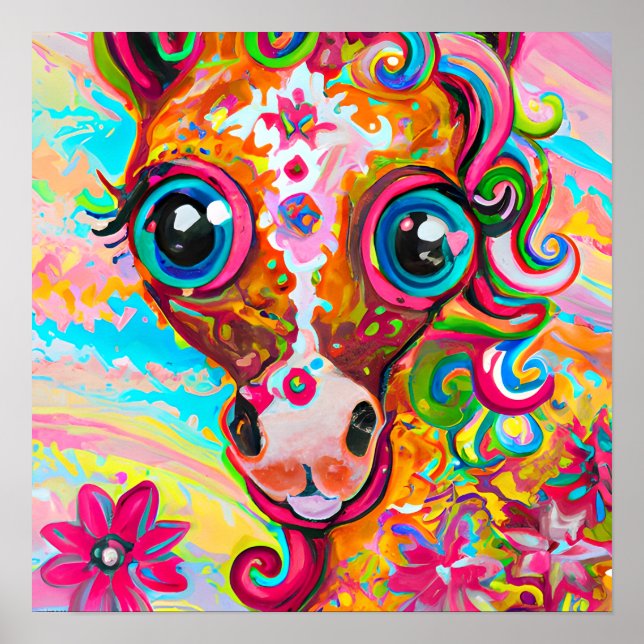Poster Chambre d'enfant Cheval avec couleurs vives, Art d (Devant)