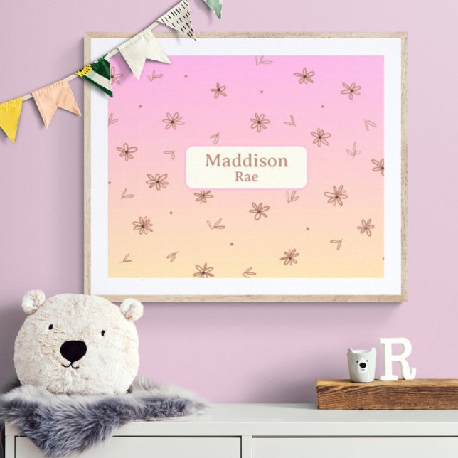Poster Chambre Enfant Fantaisie Fleurs Rose Jaune Nom Per (Customize name! Shown with white mat and wood frame. (you will receive print only) Thank you!)