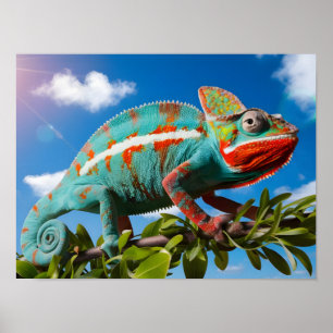 Poster Chameleon coloré sur un Arrière - plan bleu