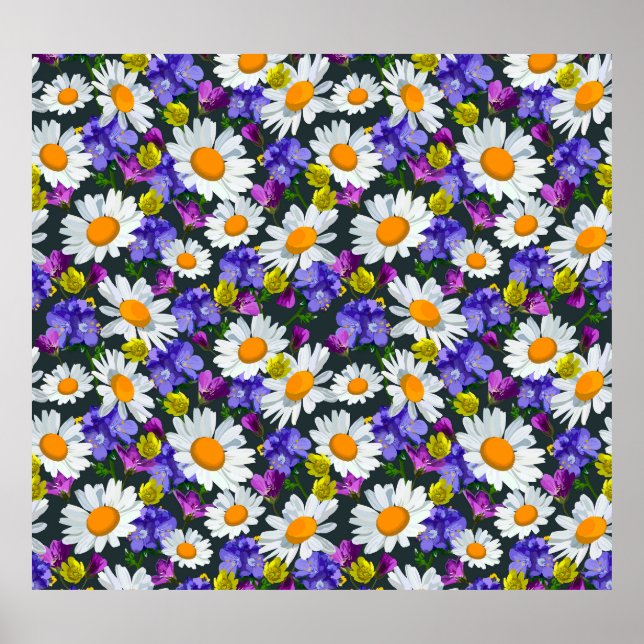 Poster Chamomille, fleurs sauvages : motif sans soudure. (Devant)