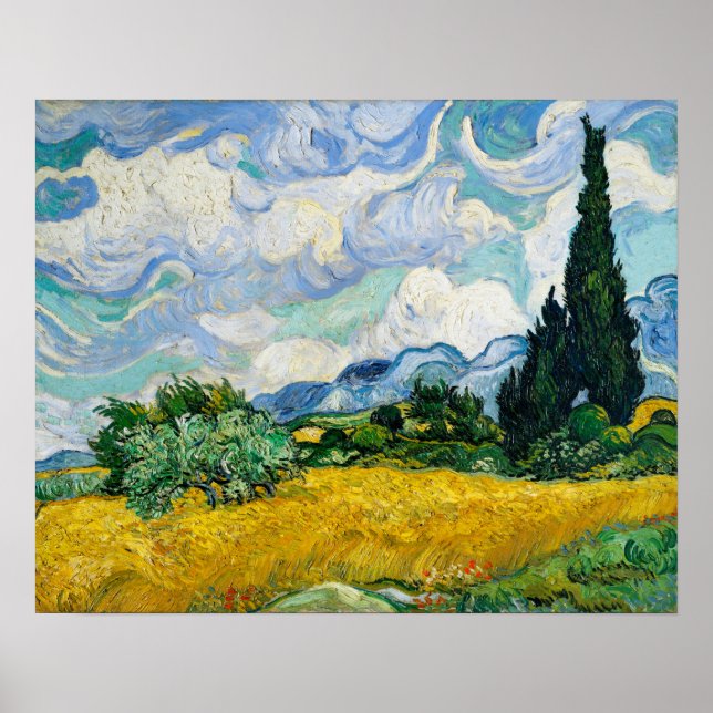 Poster Champ de blé avec cyprès (1889) par Vincent (Devant)