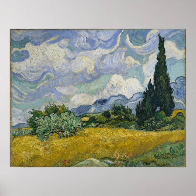 Poster Champ de blé avec Cyprès par Vincent van Gogh (Devant)