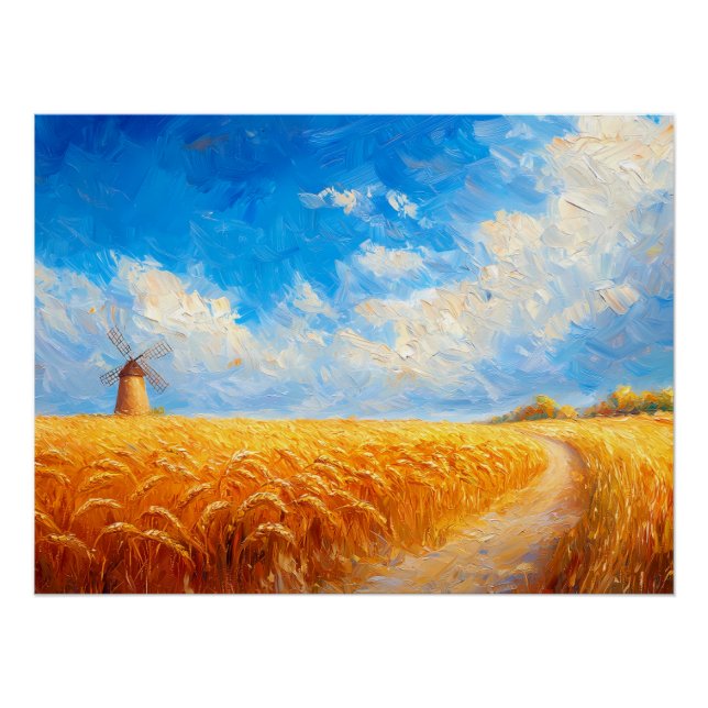Poster Champ de blé avec moulin à vent éloigné (Devant)