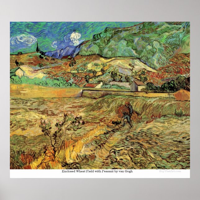 Poster Champ de blé fermé avec paysan par van Gogh (Devant)
