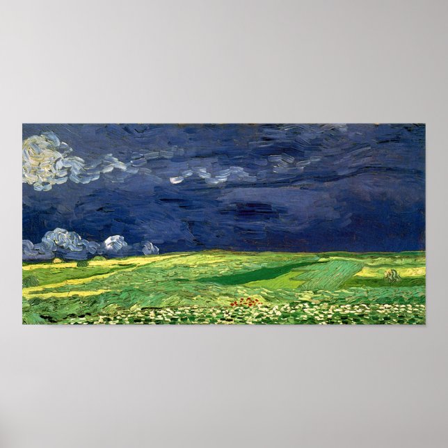 Poster Champ de blé sous ciel nuageux Van Gogh Art (Devant)