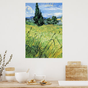 Poster Champ de blé vert avec cyprès,
