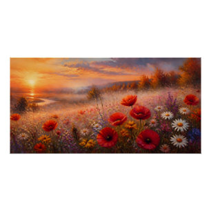 Poster Champ de coquelicots au coucher du soleil, peintur