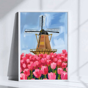 Poster Champ de fleurs de tulipes de moulin à vent hollan