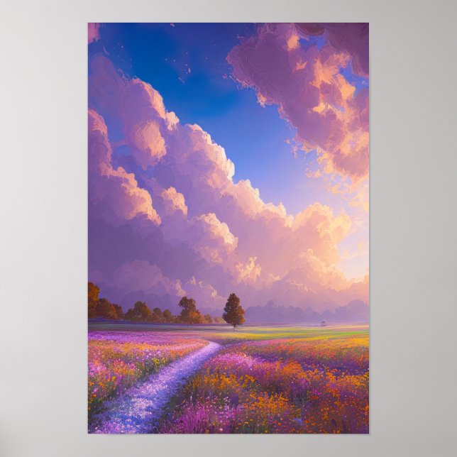 Poster Champ de fleurs roses et violettes (Devant)