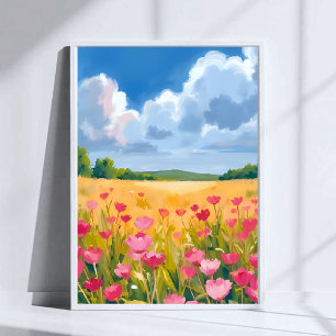 Poster Champ de fleurs sauvages roses, peinture à l'aquar