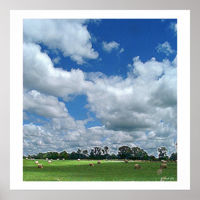 Poster Champ de foin nuageux (Devant)