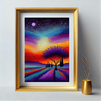 Poster Champ de lavande en France - Provence par Nuit