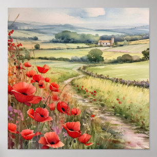 Poster Champ De Pavot Dans Un Paysage De Campagne