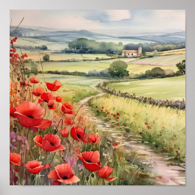 Poster Champ De Pavot Dans Un Paysage De Campagne (Devant)