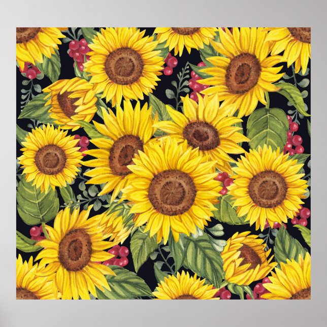 Poster Champ de tournesol : aquarelle noir arrière - plan (Devant)