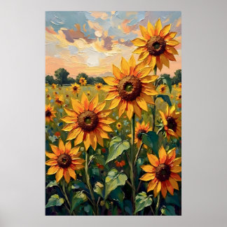Poster Champ de tournesols peinture à l'huile