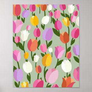 Poster Champ de Tulipes 05 Floral Coloré Pastel Vert