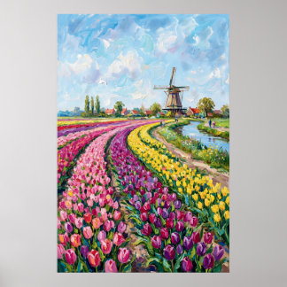 Poster Champ de tulipes hollandais - Peinture à l'huile