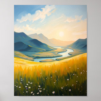 Poster Champ doré et rivière au coucher du soleil