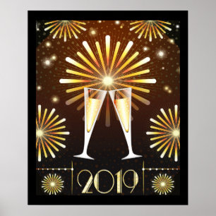 Poster Champagne et feux d'artifice Nouvel An Réveillon 2