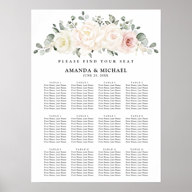 Poster Champagne Ivory Blush Pink Floral Carte de siège (Devant)