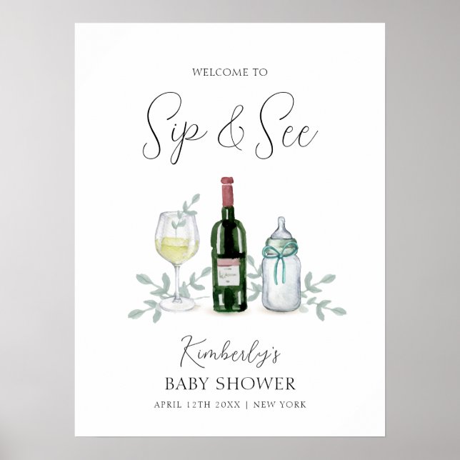 Poster Champagne Verdure Sip & Voir Baby shower Bienvenue (Devant)
