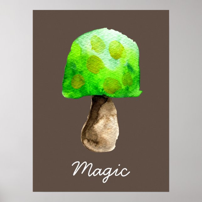Poster Champignon vert aquarelle champignons mignons (Devant)