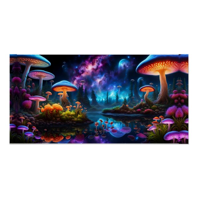 Poster Champignons Aliens bioluminescents sur une planète (Devant)