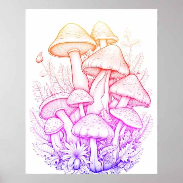 Poster Champignons arc-en-ciel sur fond noir sur un mur (Devant)