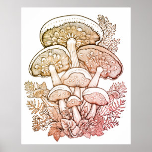 Poster Champignons Bown Clair sur Fond Noir sur un Mur