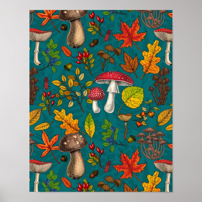 Poster Champignons d'automne, feuilles, noix et baies sur (Devant)