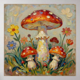 Poster Champignons et fleurs Cottage Core