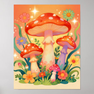 Poster Champignons et Fleurs Cottage Core