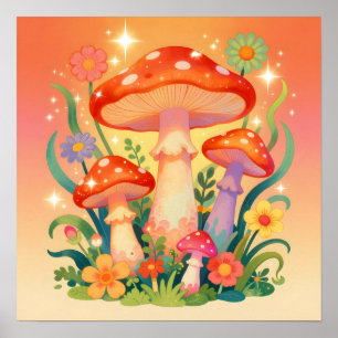 Poster Champignons et Fleurs Cottage Core