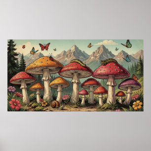 Poster Champignons Fantaisistes et Sommets de Montagnes