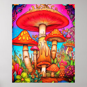 Poster Champignons Géants Rouges + Jaunes Fantaisistes Su