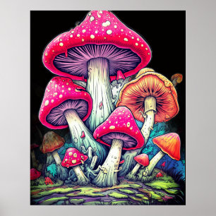 Poster Champignons heureux sur fond noir sur un mur