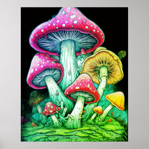 Poster Champignons HeurEux Sur Fond Noir sur un mur Po