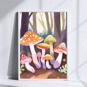 Poster Champignons Mignons   Art de la forêt à l'aquarell